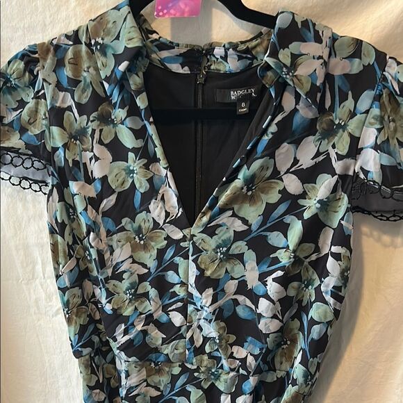 Badgley Mischka Blue Floral Collared Sheath Sz 8 *Flawed* - Picture 4 of 8